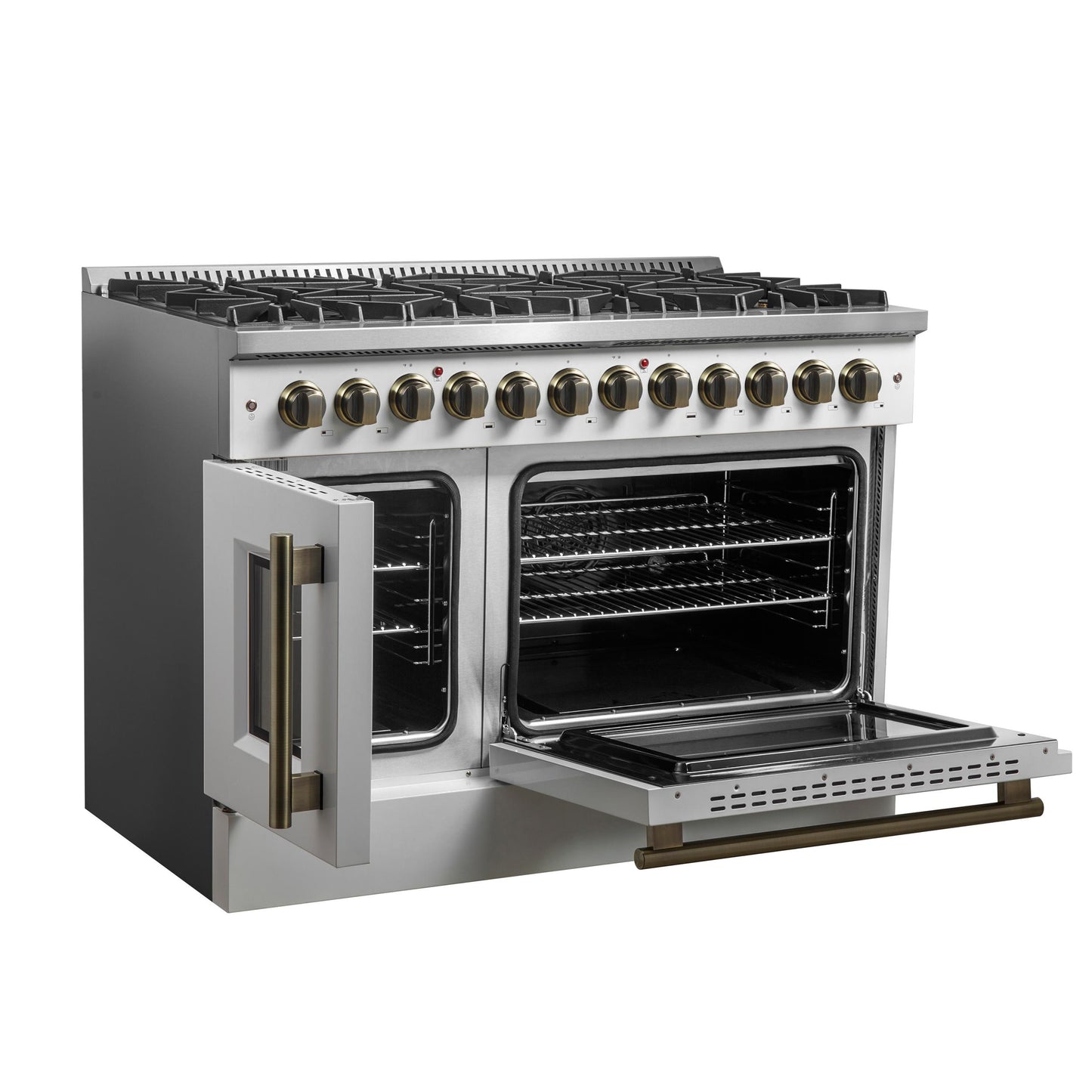 Forno FFSGS635648WHT Forno Galiano 48-Inch French Door Dual Fuel Range, White & Antique Brass Design, 8 Sealed Burners - 107,000 Btu, Griddle, 6.58 Cu.Ft. Double Ovens