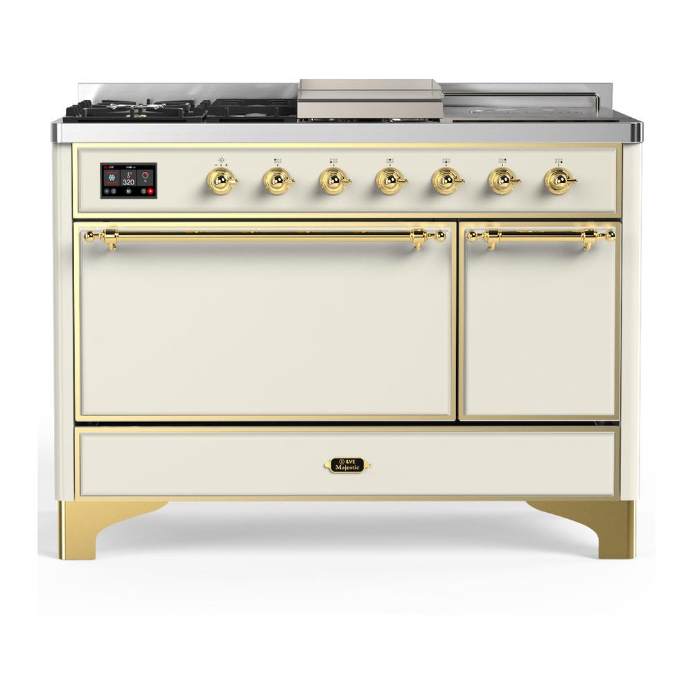 Ilve UM48FSQNR3AWGLP Ilve Um48Fsqnr3Awglp Majestic Iii 48 Inch Dual Fuel Range With 5 Black Brass Burners, Griddle And French Top, Dual Function Burner Up To 25,000 Btu (Liquid Propane, Solid Door, Antique White, Brass)