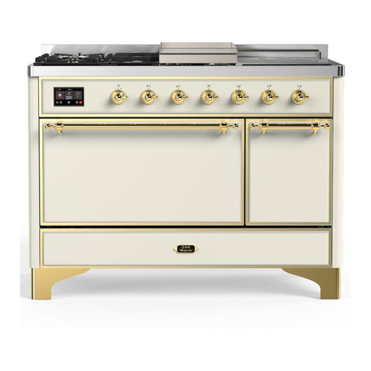 Ilve UM48FSQNR3AWGLP Ilve Um48Fsqnr3Awglp Majestic Iii 48 Inch Dual Fuel Range With 5 Black Brass Burners, Griddle And French Top, Dual Function Burner Up To 25,000 Btu (Liquid Propane, Solid Door, Antique White, Brass)