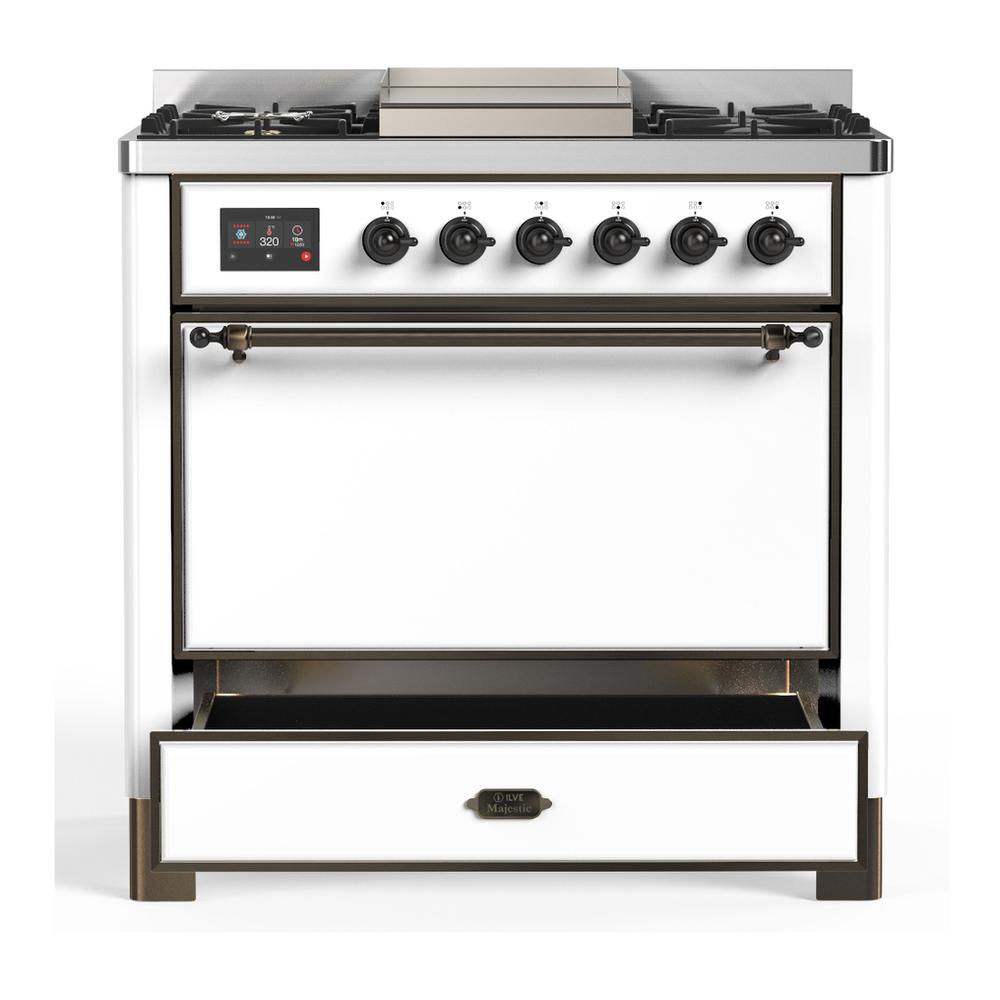 Ilve UM36FQNR3WHBLP Ilve Um36Fqnr3Whblp Majestic Iii 36 Inch Dual Fuel Range With 6 Black Brass Burners And Griddle, Dual Function Burner Up To 25,000 Btu (Solid Door, White, Burnished, Liquid Propane)