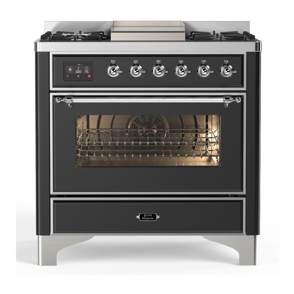 Ilve UM36FNR3MGC Ilve Um36Fnr3Mgc Majestic Iii 36 Inch Dual Fuel Range With 6 Black Brass Burners And Griddle, Dual Function Burner Up To 25,000 Btu (Triple Glass Door, Graphite Matte, Chrome, Natural Gas)