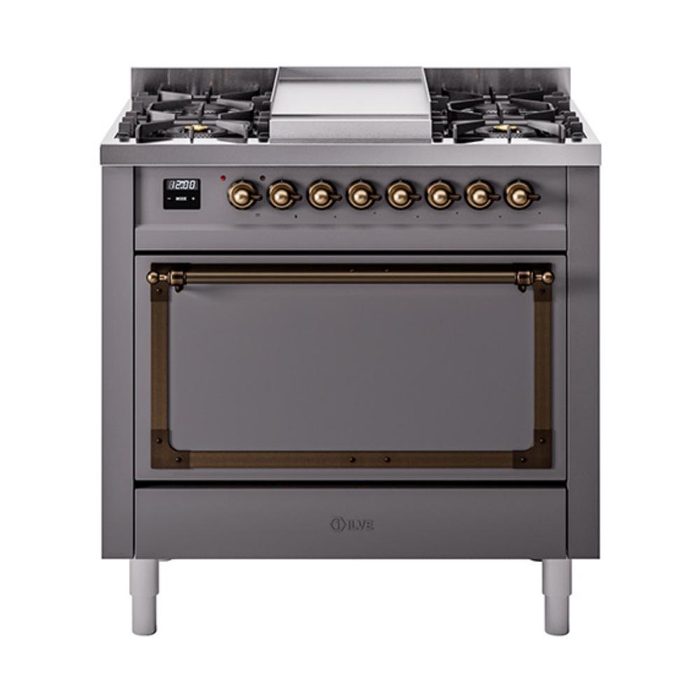 Ilve UN36FQNMPMGB Ilve Un36Fqnmpmgb Nostalgie Ii Noblesse 36" Dual Fuel Range (Natural Gas, Solid Door, Graphite Matte, Burnished)