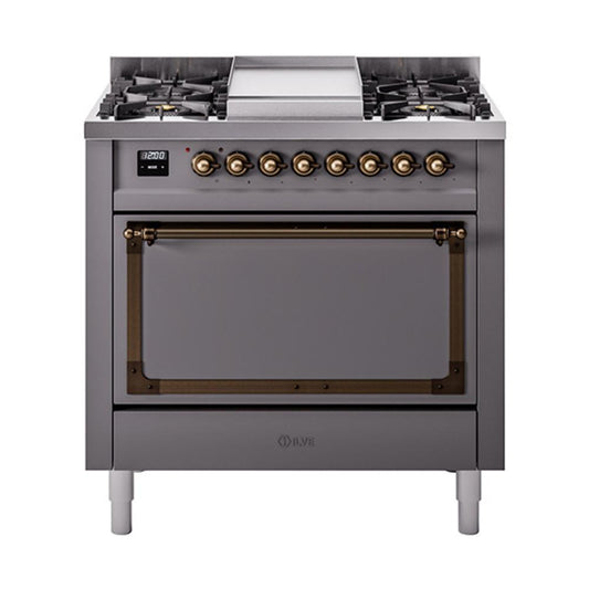 Ilve UN36FQNMPMGB Ilve Un36Fqnmpmgb Nostalgie Ii Noblesse 36" Dual Fuel Range (Natural Gas, Solid Door, Graphite Matte, Burnished)