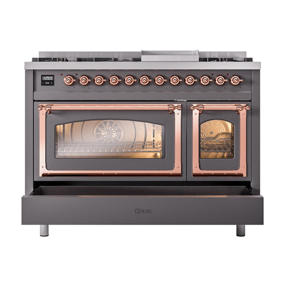 Ilve UN48FNMPMGP Ilve Un48Fnmpmgp Nostalgie Ii Noblesse 48" Dual Fuel Range (8 Sealed Burners + Griddle, Natural Gas, Triple Glass Door, Graphite Matte, Copper)