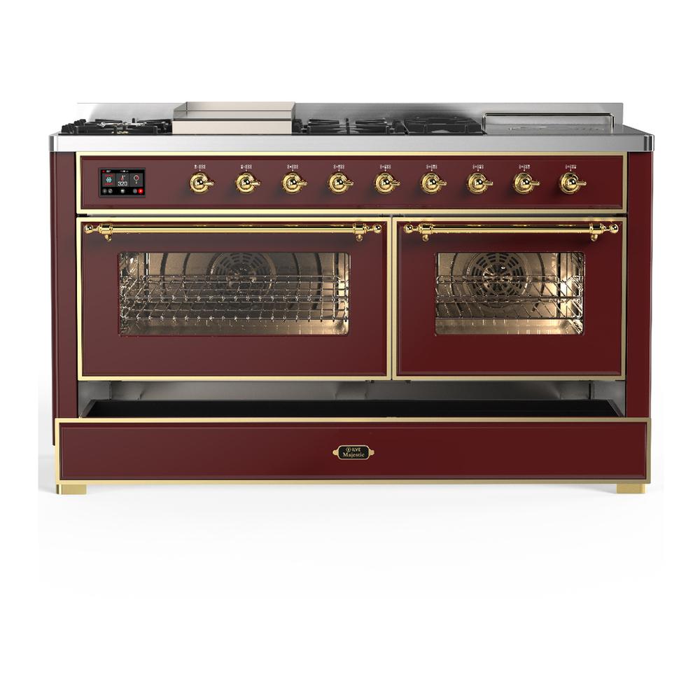 Ilve UM60FSNR3BUG Ilve Um60Fsnr3Bug Majestic Iii 60 Inch Dual Fuel Range With 7 Burners, Griddle And French Top, Dual Function Burner With Up To 25,000 Btu (Natural Gas, Triple Glass Door, Burgundy, Brass)