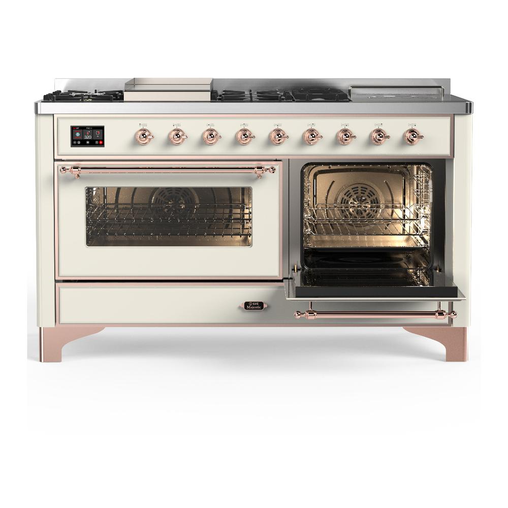 Ilve UM60FSNR3AWPLP Ilve Um60Fsnr3Awplp Majestic Iii 60 Inch Dual Fuel Range With 7 Burners, Griddle And French Top, Dual Function Burner With Up To 25,000 Btu (Liquid Propane, Triple Glass Door, Antique White, Copper)