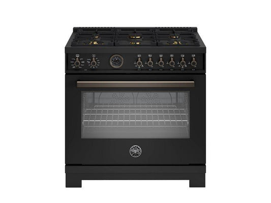 Bertazzoni PRO366BCFEPCAT 36 Inch Dual Fuel Range, 6 Brass Burners And Cast Iron Griddle, Electric Self-Clean Oven Carbonio