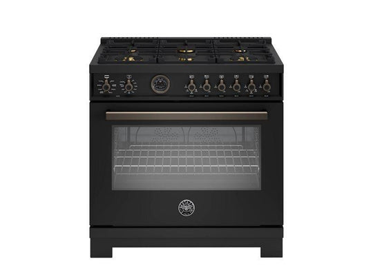 Bertazzoni PRO366BCFEPCAT 36 Inch Dual Fuel Range, 6 Brass Burners And Cast Iron Griddle, Electric Self-Clean Oven Carbonio