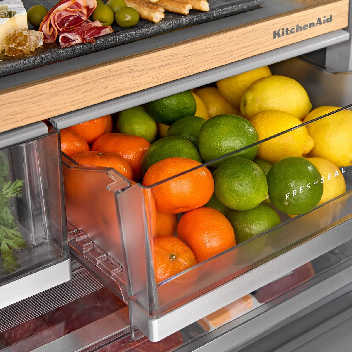 Kitchenaid KRFF436SPL 30 Cu. Ft. 36-Inch French Door Refrigerator With Exterior Water And Ice Dispenser And Wood-Look Sliding Tray In Porcelain White