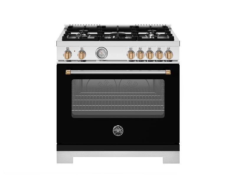 Bertazzoni MAS365DFMNG 36 Inch Dual Fuel Range, 5 Burner, Electric Oven - Gold Accents Bianco Matt/Gold