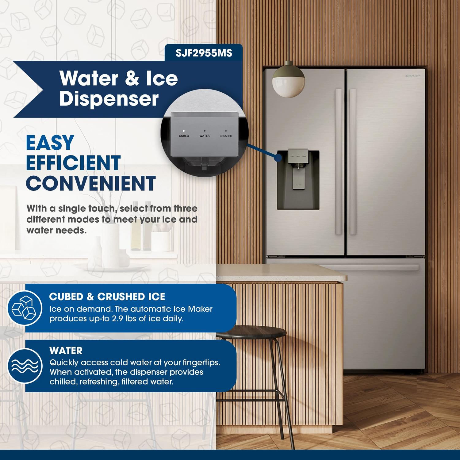 Sharp SJF2955MS 28.9 Cu.Ft. Standard Depth 36 In. French 3-Door Refrigerator With Water Dispenser In Stainless Steel