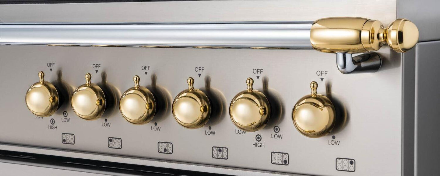 Bertazzoni HER486IGFEPAG 48 Inch Induction Range, 6 Heating Zones And Cast Iron Griddle, Electric Self-Clean Oven - Gold Accents Stainless Steel/Gold