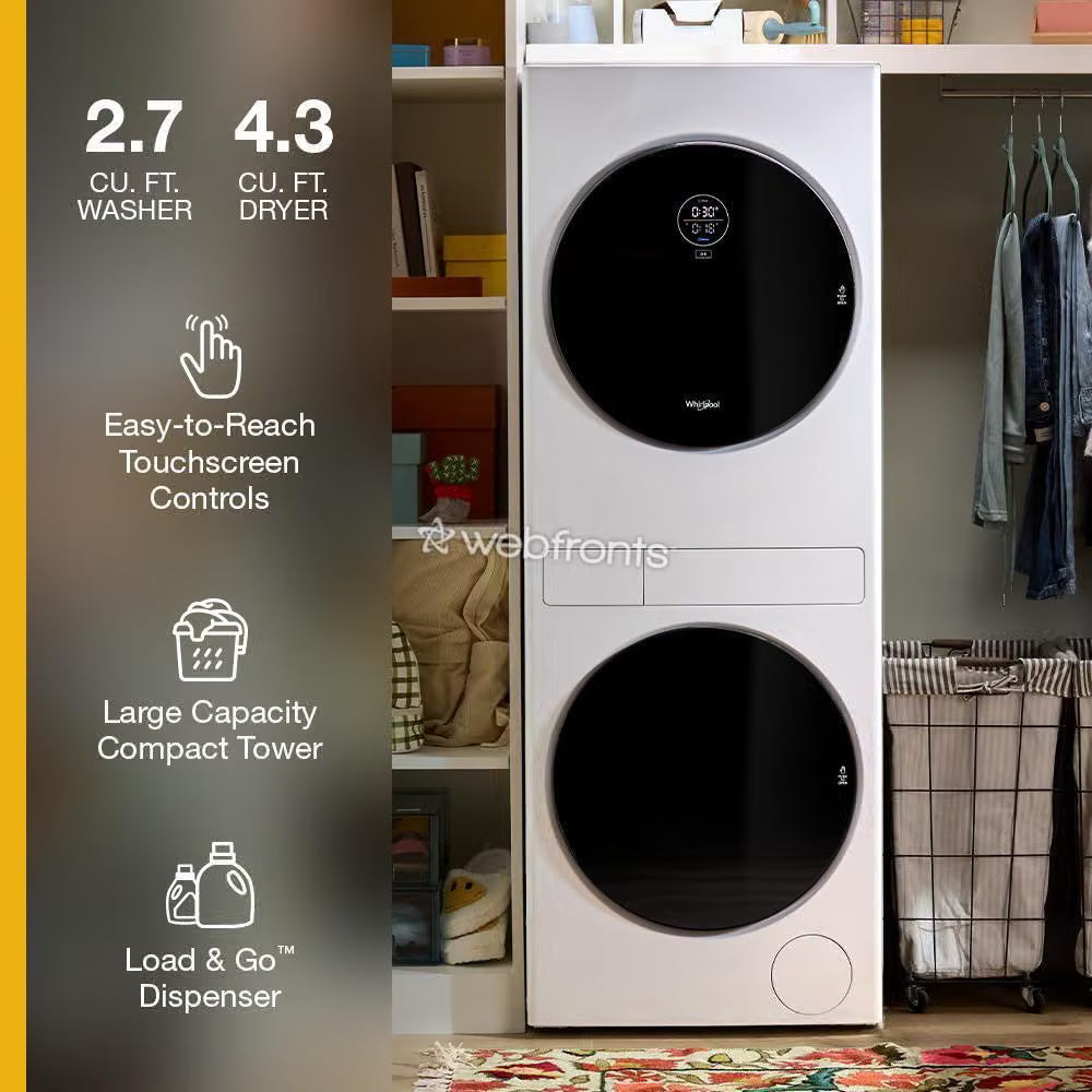 Whirlpool WFH5424SW Compact Energy Star® Ventless Heat Pump Laundry Tower With 2.7-Cu Ft Washer And Electric 4.3-Cu Ft Dryer