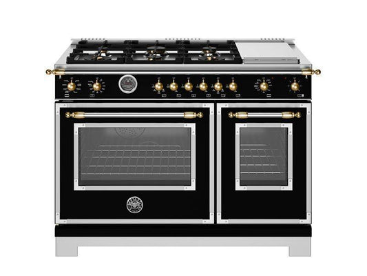 Bertazzoni HER486BTFEPNG 48 Inch Dual Fuel Range, 6 Brass Burners And Griddle, Electric Self-Clean Oven - Gold Accents Stainless Steel/Gold