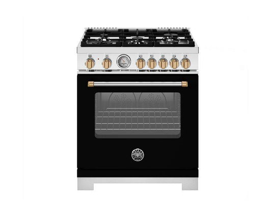 Bertazzoni MAS305DFMNG 30 Inch Dual Fuel, 5 Burners, Electric Oven - Gold Accents Bianco Matt/Gold