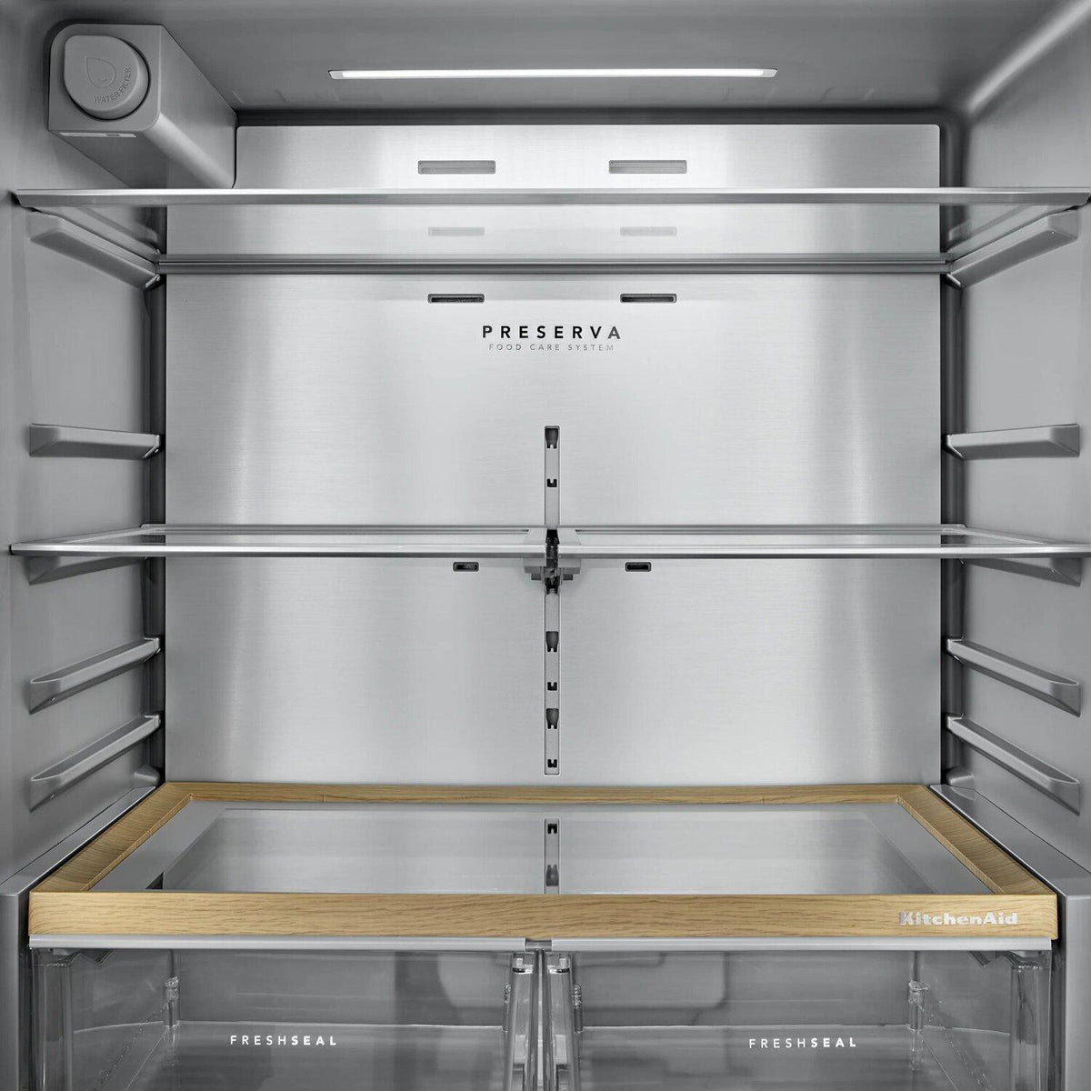 Kitchenaid KRFF436SPL 30 Cu. Ft. 36-Inch French Door Refrigerator With Exterior Water And Ice Dispenser And Wood-Look Sliding Tray In Porcelain White