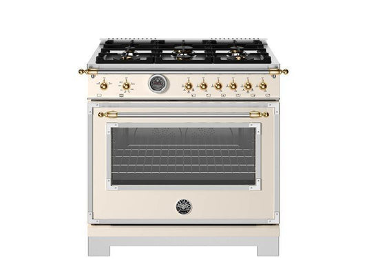 Bertazzoni HER366BCFGMAG 36 Inch All Gas Range, 6 Brass Burners And Cast Iron Griddle - Gold Accents Stainless Steel/Gold
