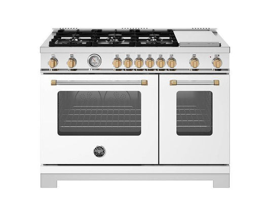 Bertazzoni MAS486GGASBG 48 Inch All Gas Range, 6 Burner And Griddle - Gold Accents Bianco Matt/Gold