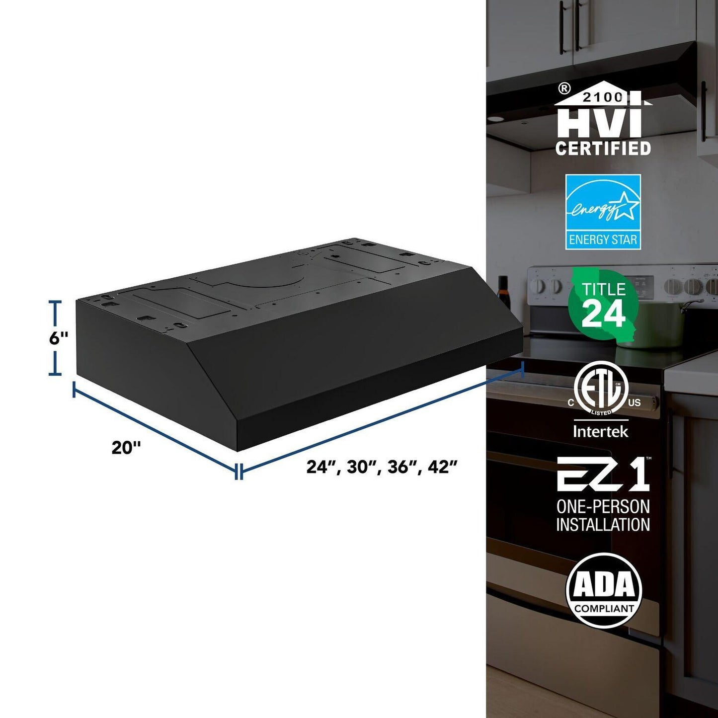 Broan GLA1423BL Glacier 42-Inch 350 Max Blower Cfm 1.5 Sones Black Range Hood