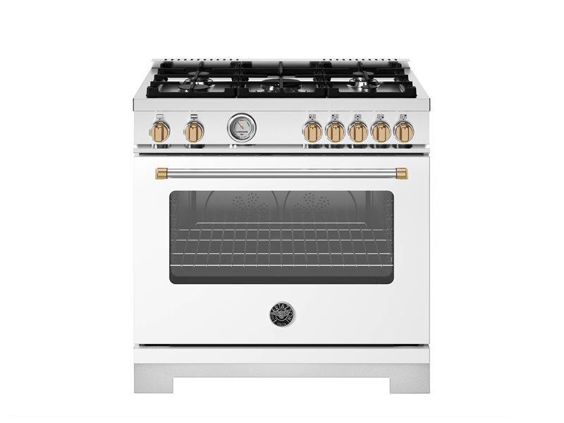 Bertazzoni MAS365GASBG 36 Inch All Gas Range, 5 Burners - Gold Accents Bianco Matt/Gold