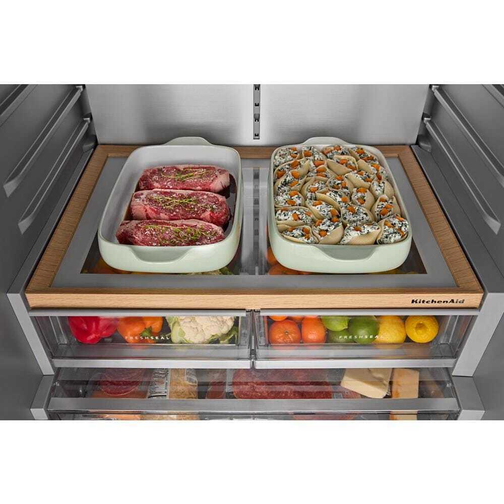 Kitchenaid KRFF436SPL 30 Cu. Ft. 36-Inch French Door Refrigerator With Exterior Water And Ice Dispenser And Wood-Look Sliding Tray In Porcelain White