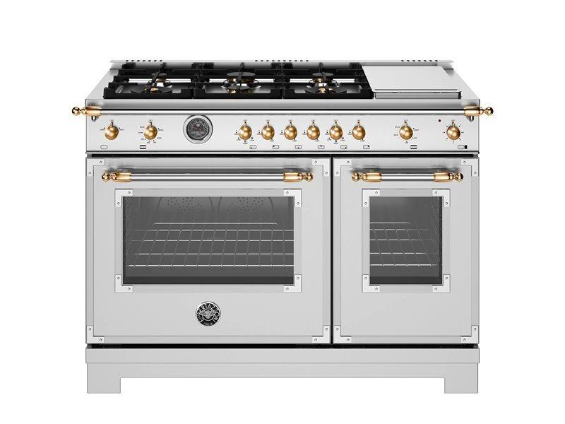 Bertazzoni HER486BTFGMXG 48 Inch All-Gas Range 6 Brass Burner And Griddle - Gold Accents Stainless Steel/Gold