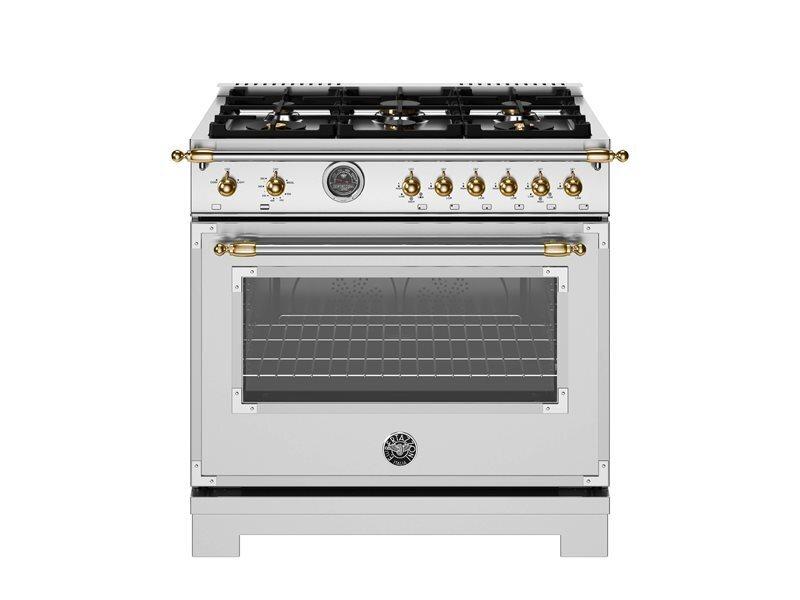 Bertazzoni HER366BCFGMXG 36 Inch All Gas Range, 6 Brass Burners And Cast Iron Griddle - Gold Accents Stainless Steel/Gold