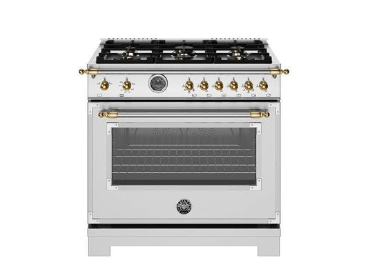 Bertazzoni HER366BCFGMXG 36 Inch All Gas Range, 6 Brass Burners And Cast Iron Griddle - Gold Accents Stainless Steel/Gold