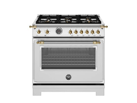Bertazzoni HER366BCFGMXG 36 Inch All Gas Range, 6 Brass Burners And Cast Iron Griddle - Gold Accents Stainless Steel/Gold