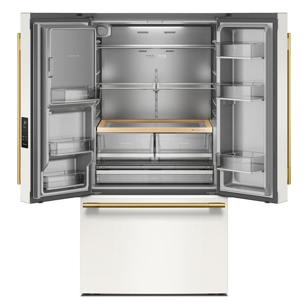Kitchenaid KRFF436SPL 30 Cu. Ft. 36-Inch French Door Refrigerator With Exterior Water And Ice Dispenser And Wood-Look Sliding Tray In Porcelain White
