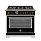 Bertazzoni HER366BCFEPNG 36 Inch Dual Fuel Range, 6 Brass Burner And Cast Iron Griddle, Electric Self-Clean Oven - Gold Accents Stainless Steel/Gold