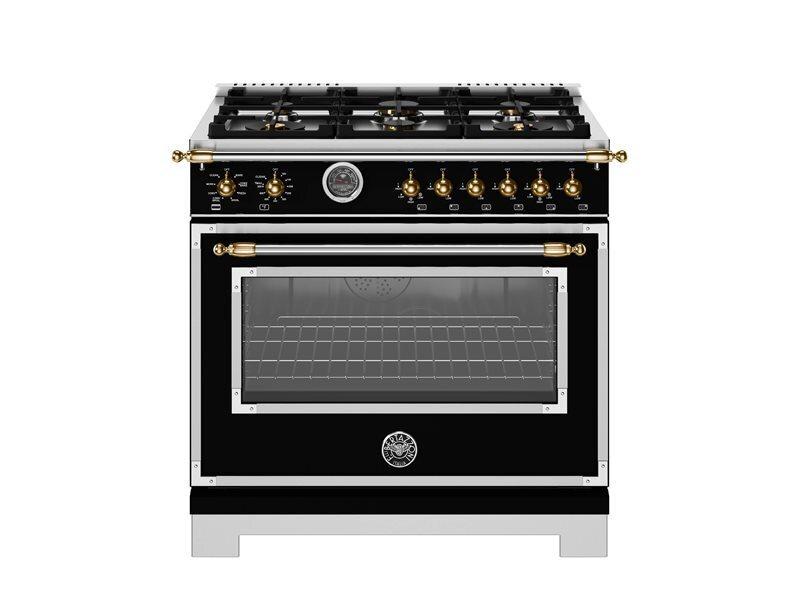 Bertazzoni HER366BCFEPNG 36 Inch Dual Fuel Range, 6 Brass Burner And Cast Iron Griddle, Electric Self-Clean Oven - Gold Accents Stainless Steel/Gold