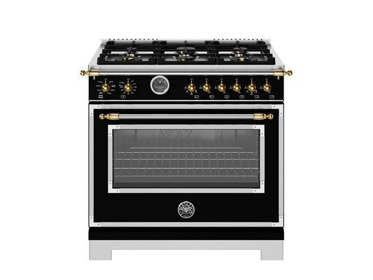 Bertazzoni HER366BCFEPNG 36 Inch Dual Fuel Range, 6 Brass Burner And Cast Iron Griddle, Electric Self-Clean Oven - Gold Accents Stainless Steel/Gold