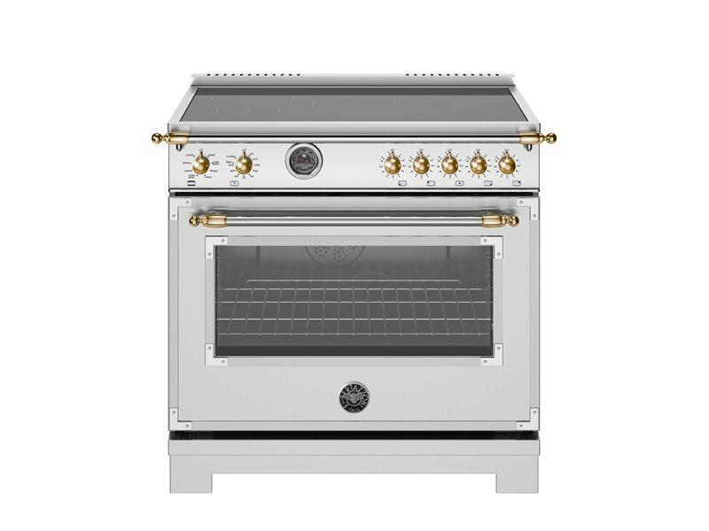 Bertazzoni HER365ICFEPXG 36 Inch Induction Range, 5 Heating Zones And Cast Iron Griddle, Electric Self-Clean Oven - Gold Accents Stainless Steel/Gold