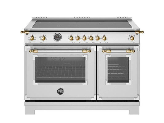 Bertazzoni HER486IGFEPXG 48 Inch Induction Range, 6 Heating Zones And Cast Iron Griddle, Electric Self-Clean Oven - Gold Accents Stainless Steel/Gold