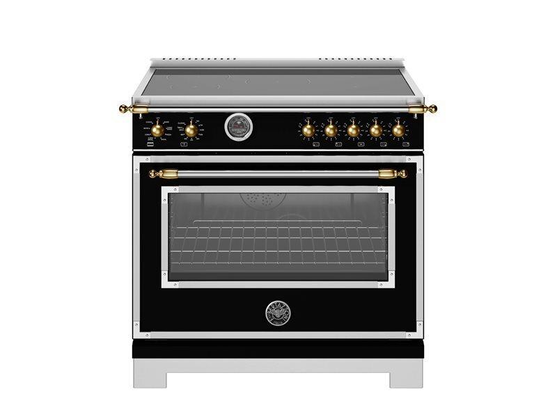 Bertazzoni HER365ICFEPNG 36 Inch Induction Range, 5 Heating Zones And Cast Iron Griddle, Electric Self-Clean Oven - Gold Accents Stainless Steel/Gold