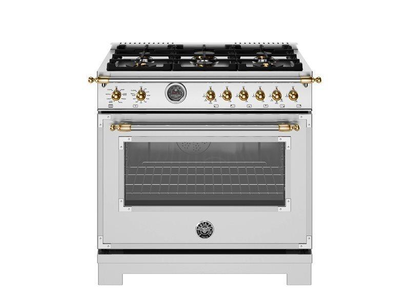 Bertazzoni HER366BCFEPXG 36 Inch Dual Fuel Range, 6 Brass Burner And Cast Iron Griddle, Electric Self-Clean Oven - Gold Accents Stainless Steel/Gold