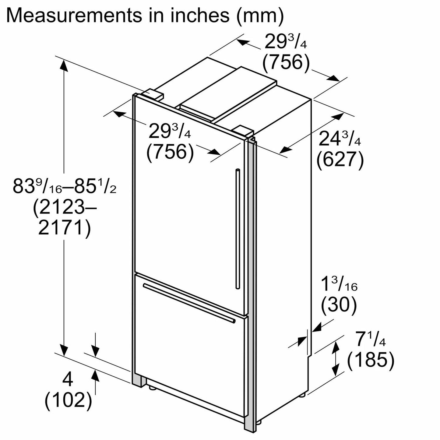 Bosch B30BB130SS Benchmark®, Vario Built-In Fridge-Freezer With Freezer At Bottom, 30'', Soft Close Flat Hinge