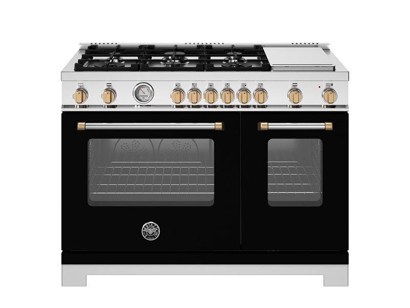 Bertazzoni MAS486GDFMNG 48 Inch Dual Fuel Range, 6 Burners And Griddle, Electric Oven - Gold Accents Bianco Matt/Gold