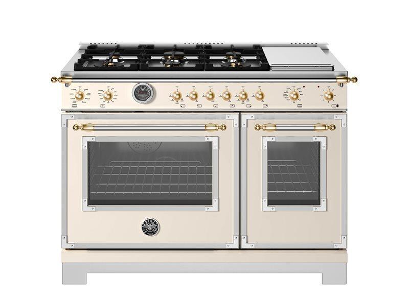 Bertazzoni HER486BTFEPAG 48 Inch Dual Fuel Range, 6 Brass Burners And Griddle, Electric Self-Clean Oven - Gold Accents Stainless Steel/Gold