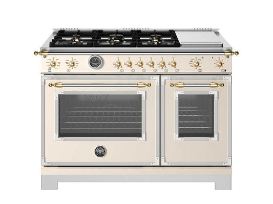Bertazzoni HER486BTFEPAG 48 Inch Dual Fuel Range, 6 Brass Burners And Griddle, Electric Self-Clean Oven - Gold Accents Stainless Steel/Gold