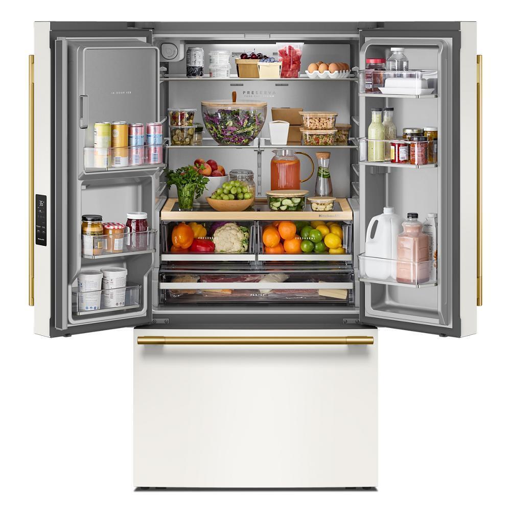 Kitchenaid KRFF436SPL 30 Cu. Ft. 36-Inch French Door Refrigerator With Exterior Water And Ice Dispenser And Wood-Look Sliding Tray In Porcelain White