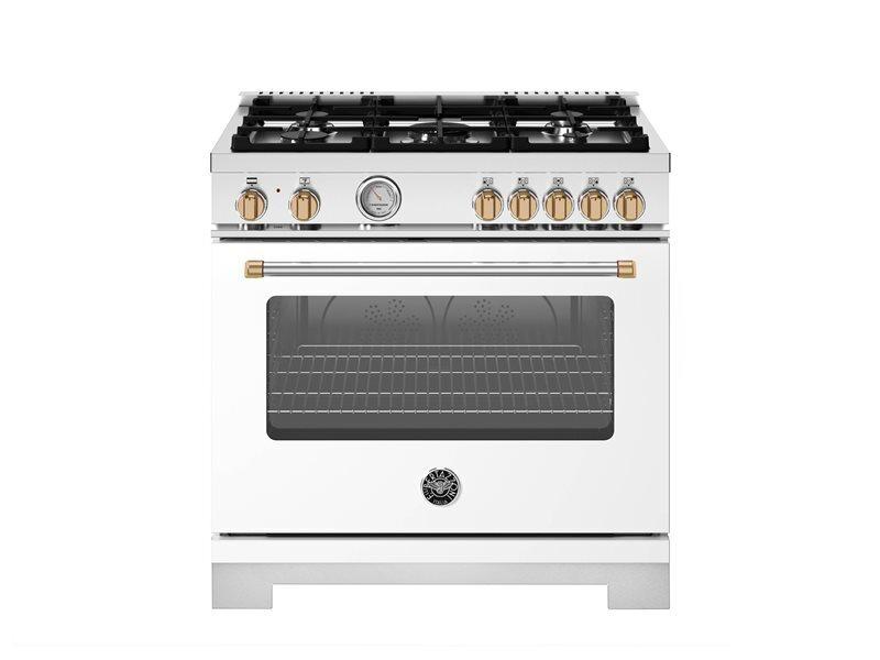Bertazzoni MAS365DFMBG 36 Inch Dual Fuel Range, 5 Burner, Electric Oven - Gold Accents Bianco Matt/Gold