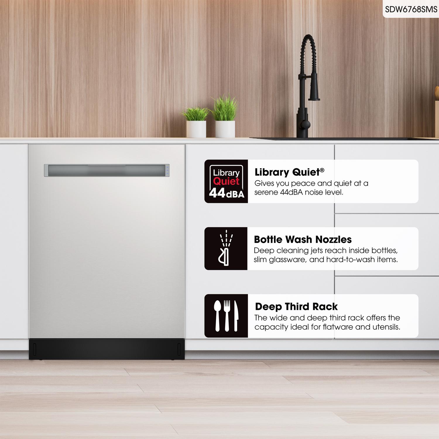 Sharp SDW6768SMS 24" Top Control Stainless Steel Pocket Handle 44Db Dishwasher With Auto Door Open