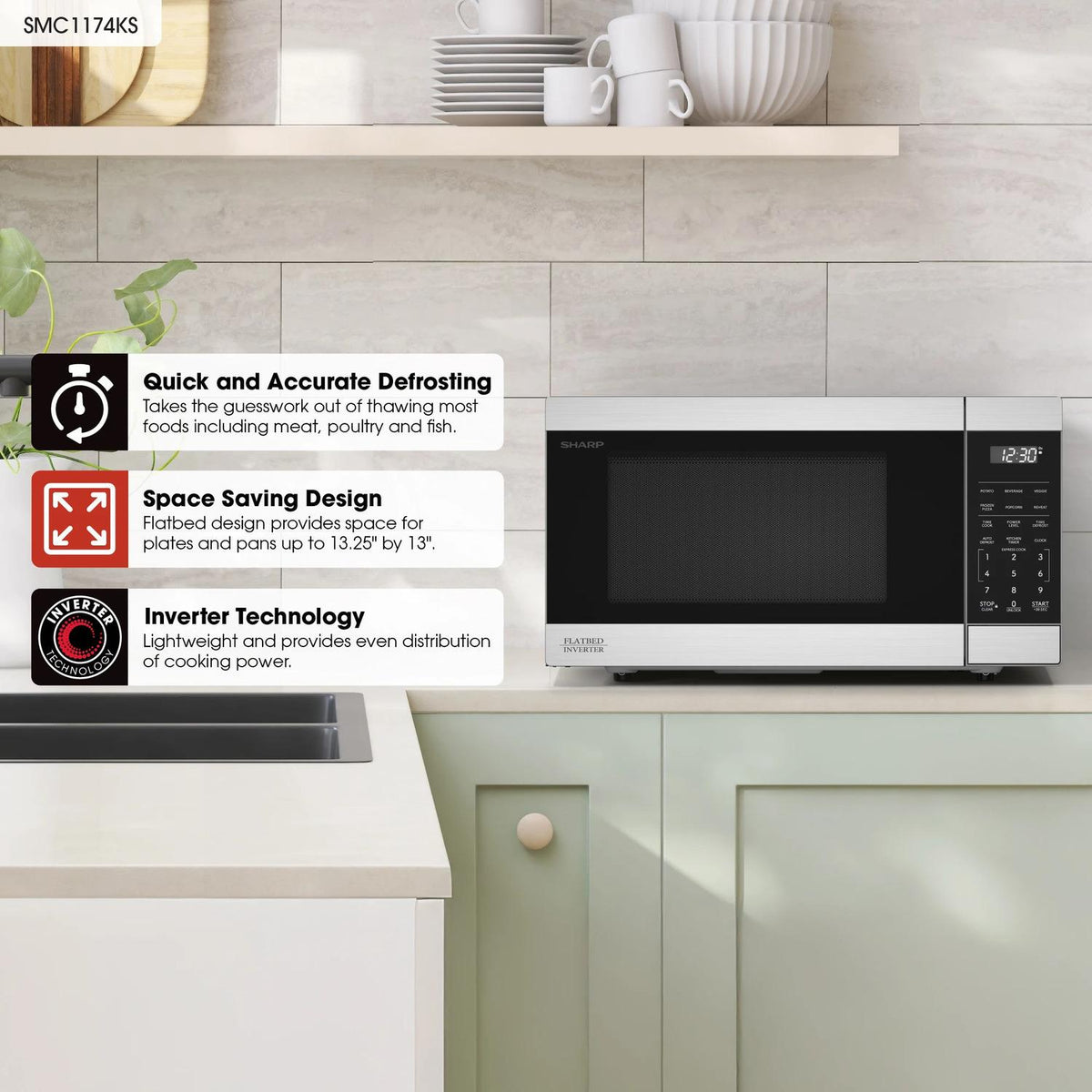 Sharp SMC1174KS Sharp 1.1 Cu. Ft. 1100W Flatbed Countertop Microwave Oven With Inverter Technology