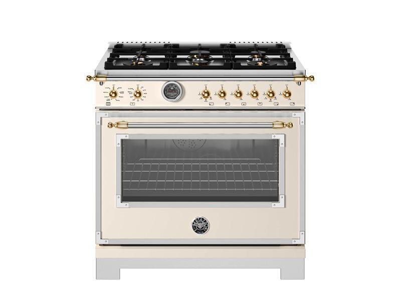 Bertazzoni HER366BCFEPAG 36 Inch Dual Fuel Range, 6 Brass Burner And Cast Iron Griddle, Electric Self-Clean Oven - Gold Accents Stainless Steel/Gold