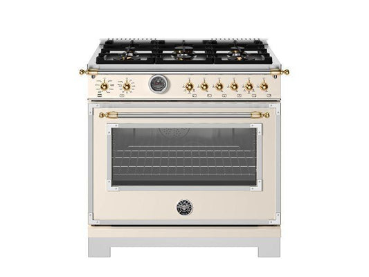Bertazzoni HER366BCFEPAG 36 Inch Dual Fuel Range, 6 Brass Burner And Cast Iron Griddle, Electric Self-Clean Oven - Gold Accents Stainless Steel/Gold