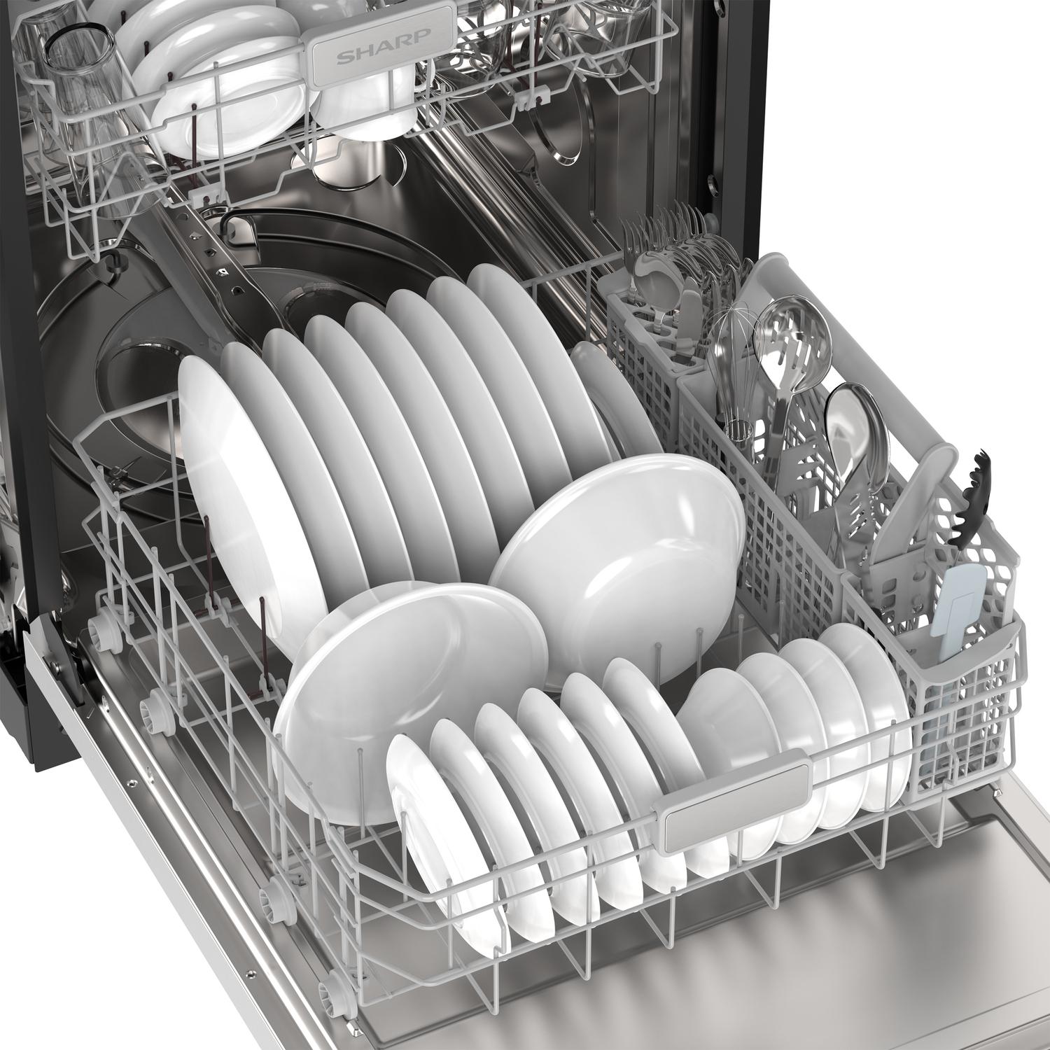 Sharp SDY6748SNS 24" Top Control Stainless Steel Handle 47 Dba Dishwasher With Auto Door Open