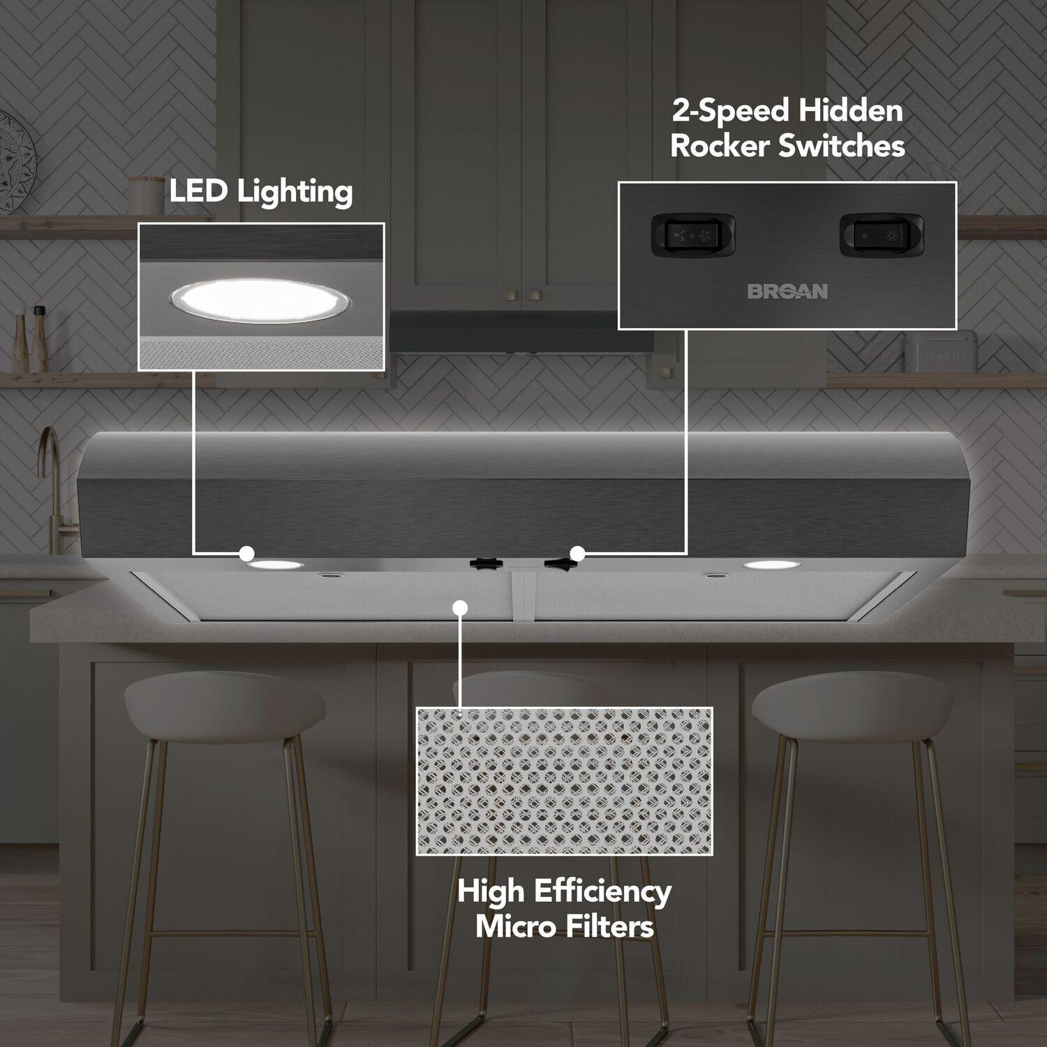 Broan MTR1303BLS Broan-Nutone 30-Inch Under Cabinet Range Hood, Energy Star, 350 Max Blower Cfm, Black Stainless Steel