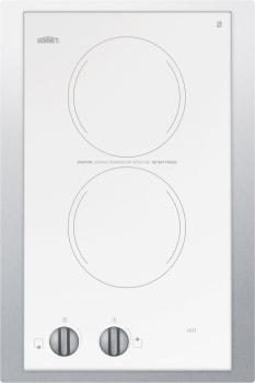 Summit CR2110WHTK15 115V European Two-Burner Radiant Cooktop In White Glass With Stainless Steel Frame To Allow Installation In 15" Wide Counter Cutouts